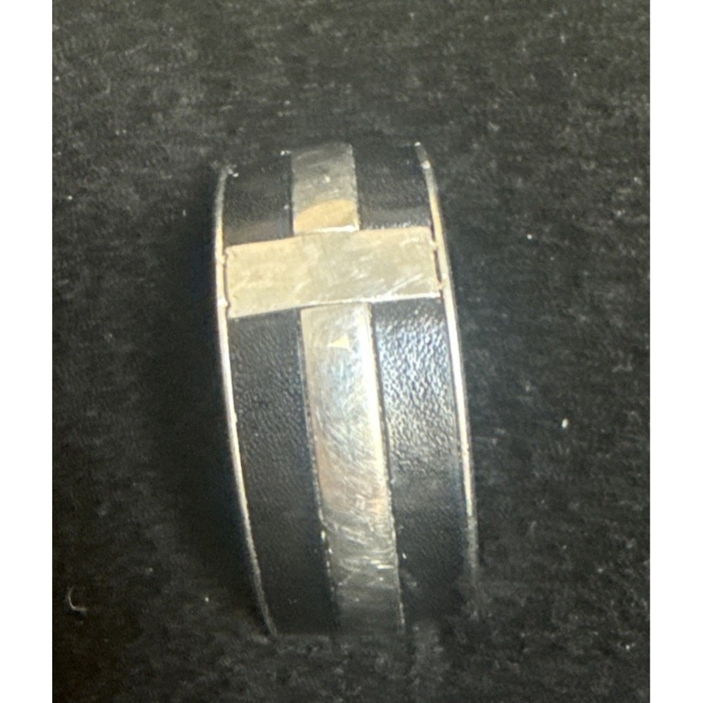 Mens Vintage Stainless Steel Cross Band Ring Black Leather Inlay Religious Sz 6